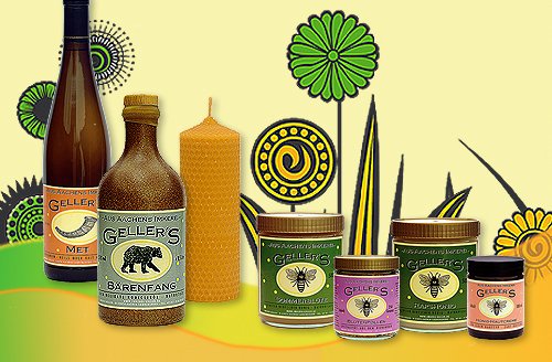 Met, Bärenfang, Bienenwachskerze und Honiggläser von Geller's